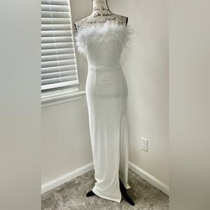 Fashion Nova White Feather Trim Maxi Dress